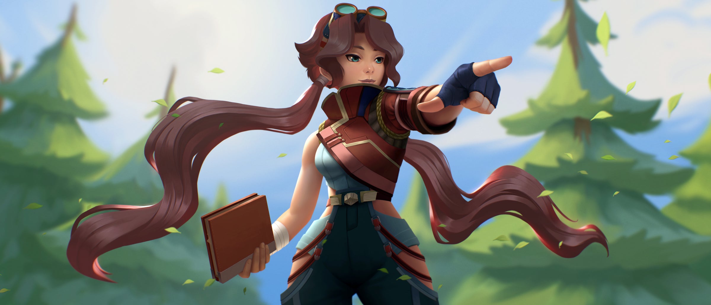 An image of the feminine conductor standing in a forest and pointing, They are holding a journal in their other hand. The image links to a twitter post, https://twitter.com/TEOTLNewAge/status/1558195555431596033.