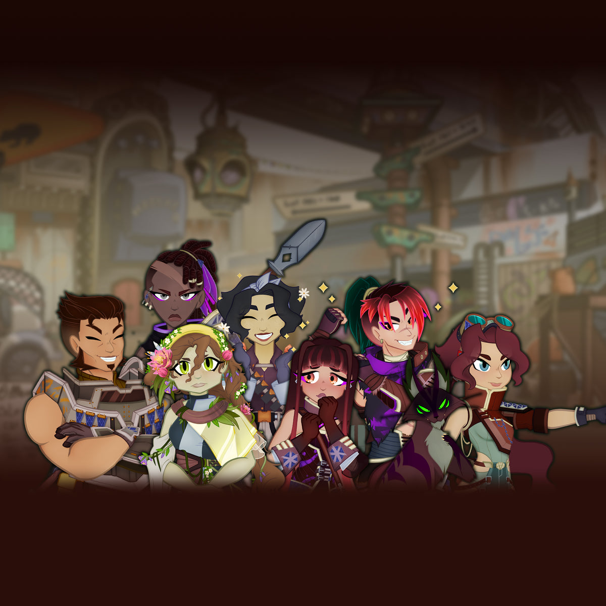 An image of the Hope's End residential district. From left to right, Belko, Kora, Melka, Vitra, Iris, Rex, and Schrödinger stand behind the feminine Conductor.