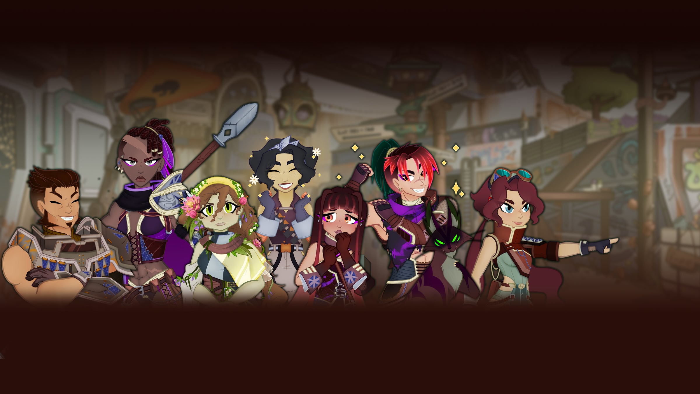 An image of the Hope's End residential district. From left to right, Belko, Kora, Melka, Vitra, Iris, Rex, and Schrödinger stand behind the feminine Conductor.