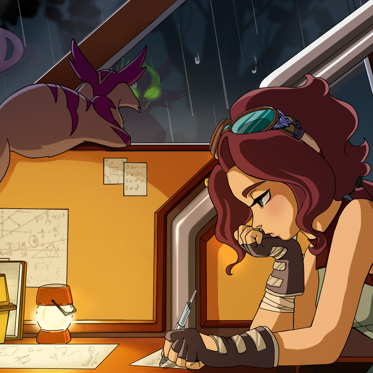 An image of the feminine conductor and Schrödinger peacefully sitting in the train. It is night, it is raining, and the conductor's pose is reminiscent of the "Lofi Girl." The image links to a twitter post, https://twitter.com/TEOTLNewAge/status/1545509511938641923.