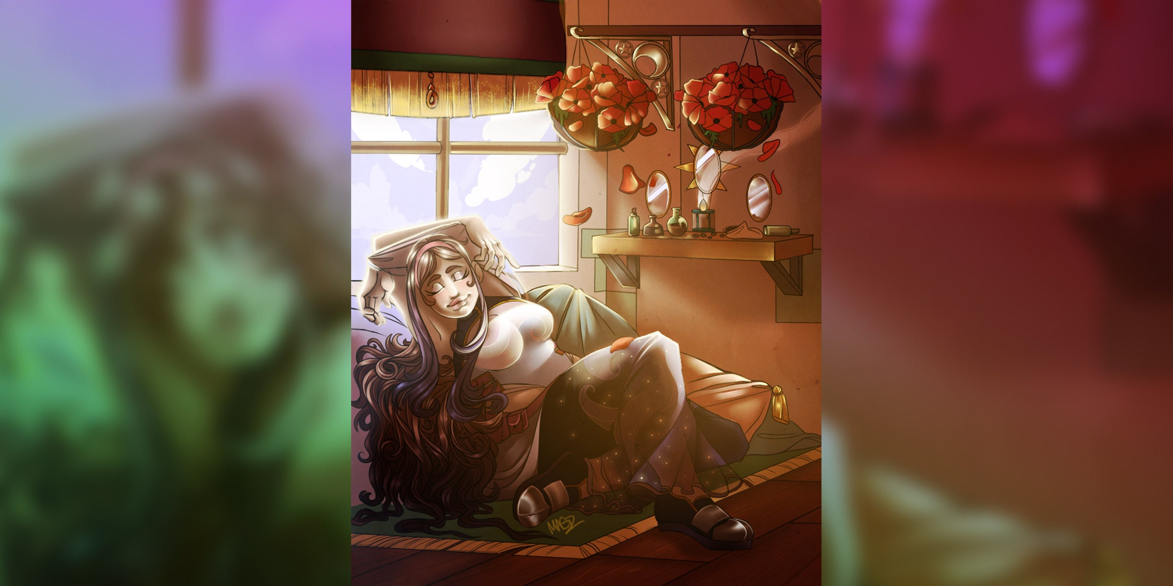 Art of Marigold sleeping in a comfy setup. She is sleeping next to a window, and light is coming in. The image links to a twitter post, https://twitter.com/TEOTLNewAge/status/1570978366521745408.