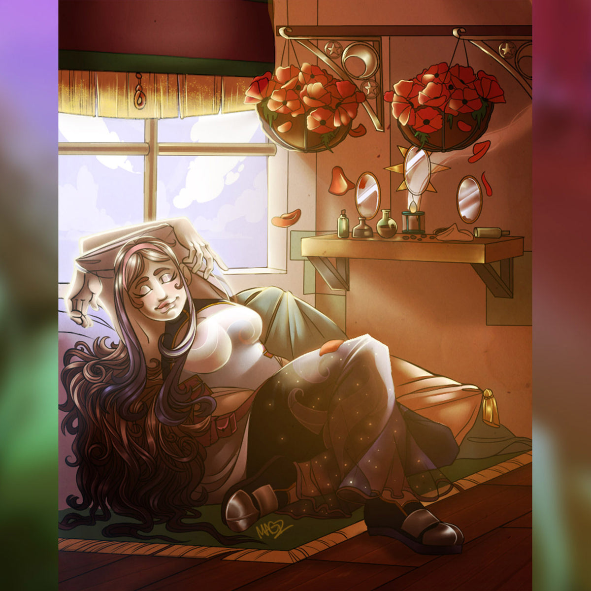 Art of Marigold sleeping in a comfy setup. She is sleeping next to a window, and light is coming in. The image links to a twitter post, https://twitter.com/TEOTLNewAge/status/1570978366521745408.