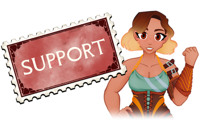 The character Suzzah next to a stamp labeled Support.